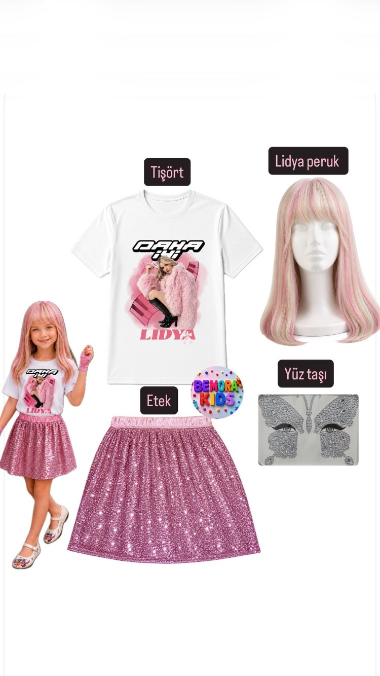 manifest lidya tişört + peruk + yüz taşı + pembe pullu etek 4 lü set