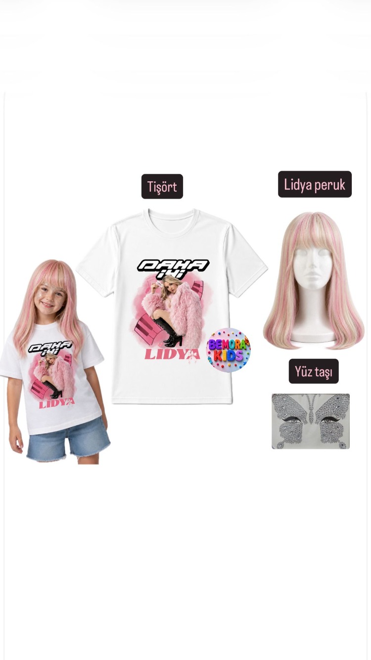manifest lidya tişört + peruk + yüz taşı 3 lü set