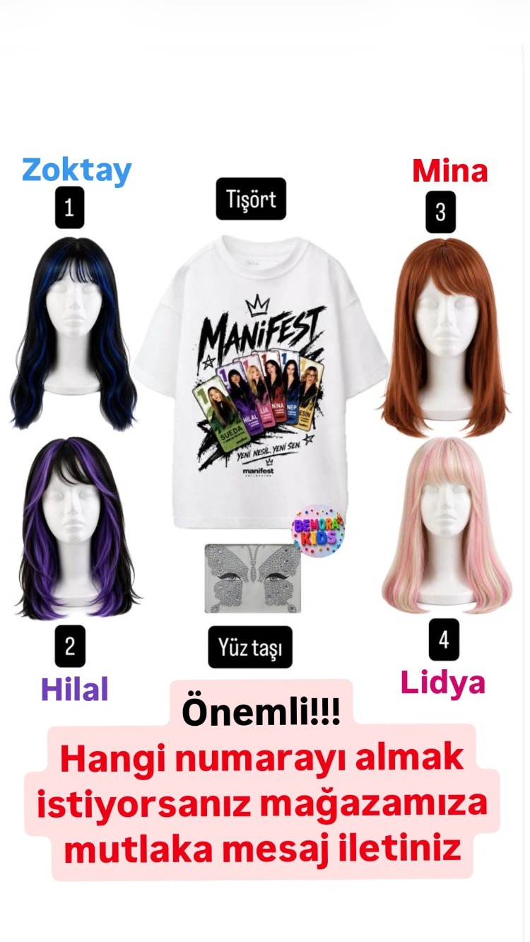 manifest baskılı tişört + manifest peruk saç + yüz taşı 3 lü set
