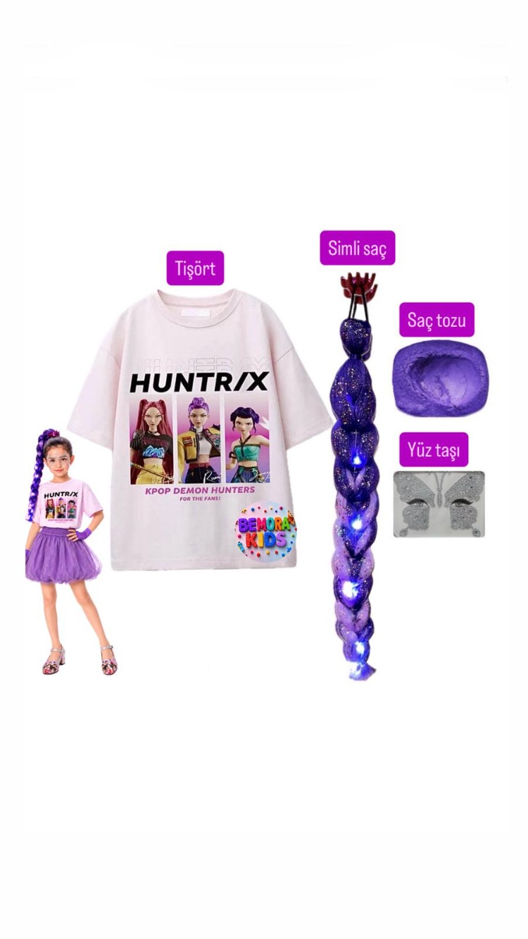 kpop huntrix baskılı tişört + mor balon etek + rumi mor simli saç +saç tozu + yüz taşı seti