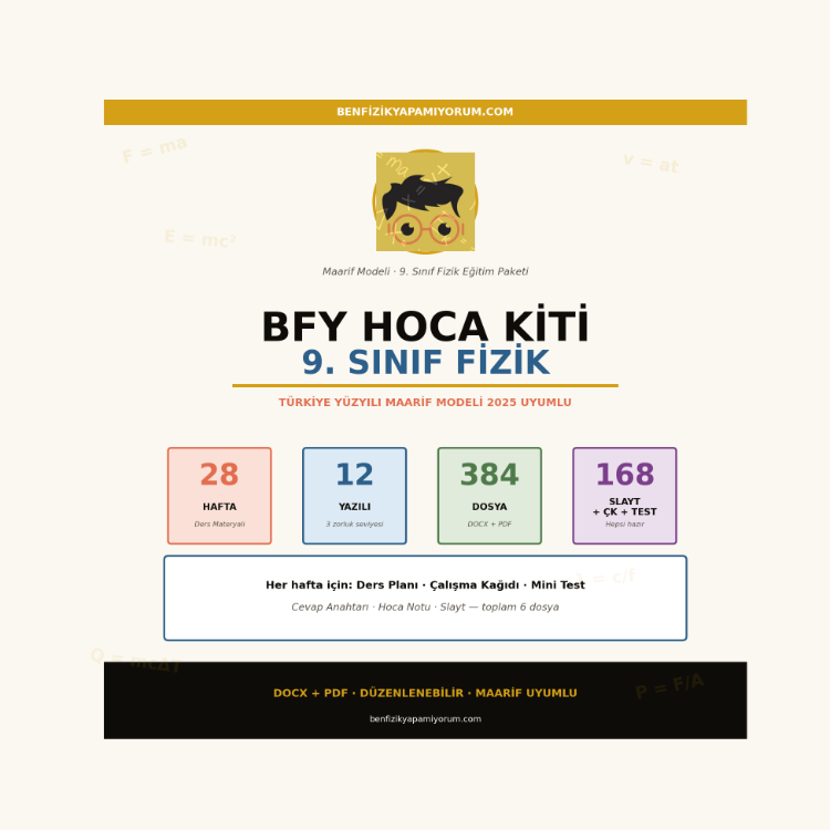 BFY Sınav Paketi — 9. Sınıf Fizik · 12 Yazılı + Cevap Anahtarları · Maarif Standardı