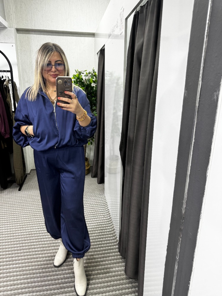 Saten Saks Mavi Paça ve Bel Lastikli İkili Takım