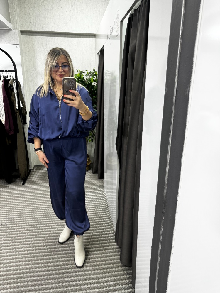 Saten Saks Mavi Paça ve Bel Lastikli İkili Takım