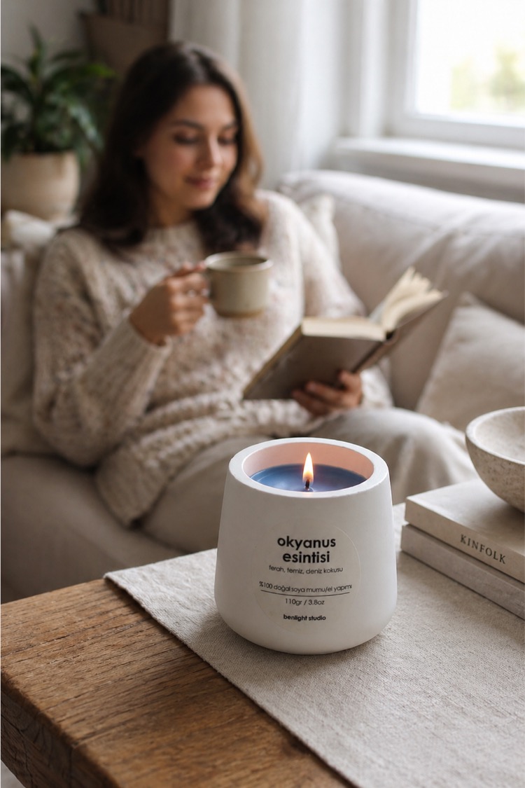 Okyanus Kokulu Mum, Modern Beton Mumluk, El Yapımı, Dogal Soya Mumu, 110gr