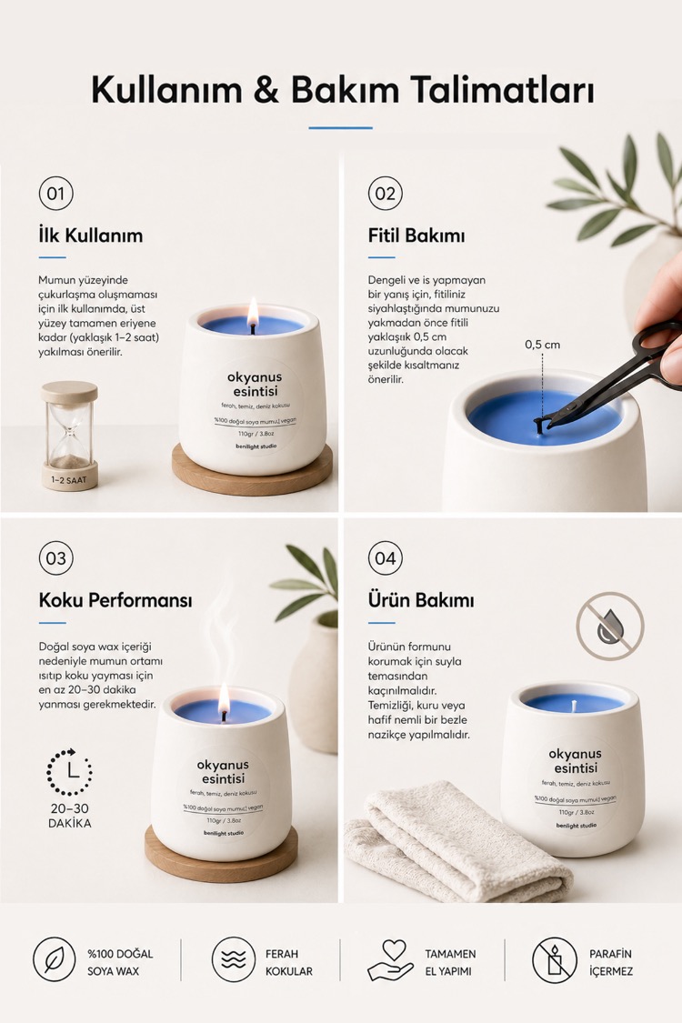 Okyanus Kokulu Mum, Modern Beton Mumluk, El Yapımı, Dogal Soya Mumu, 110gr