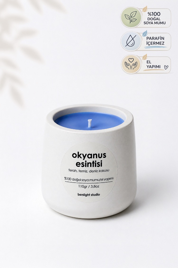 Okyanus Kokulu Mum, Modern Beton Mumluk, El Yapımı, Dogal Soya Mumu, 110gr