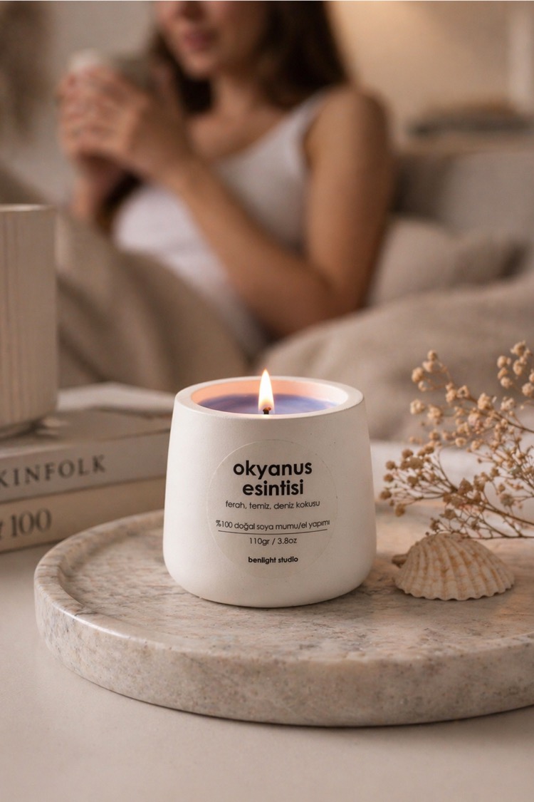Okyanus Kokulu Mum, Modern Beton Mumluk, El Yapımı, Dogal Soya Mumu, 110gr