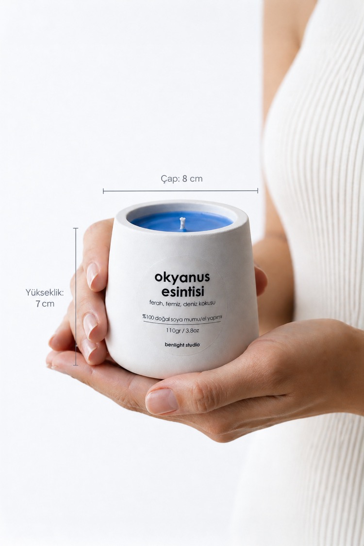 Okyanus Kokulu Mum, Modern Beton Mumluk, El Yapımı, Dogal Soya Mumu, 110gr
