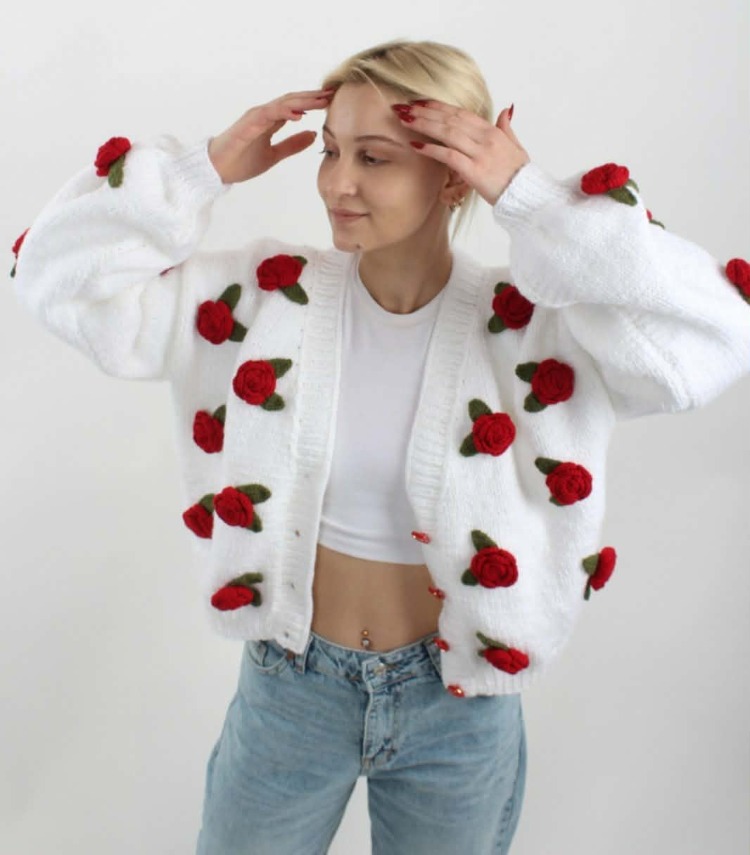 Güllü Hırka - Beyaz - Model Adı: Rose