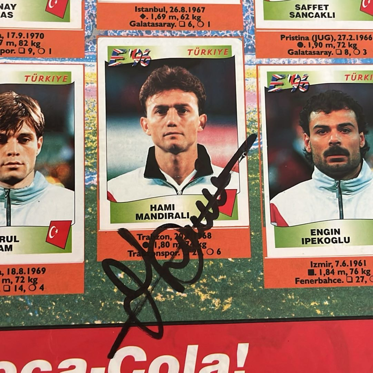 Hami Mandıralı imzalı Panini Euro 96 sticker çıkartma albüm