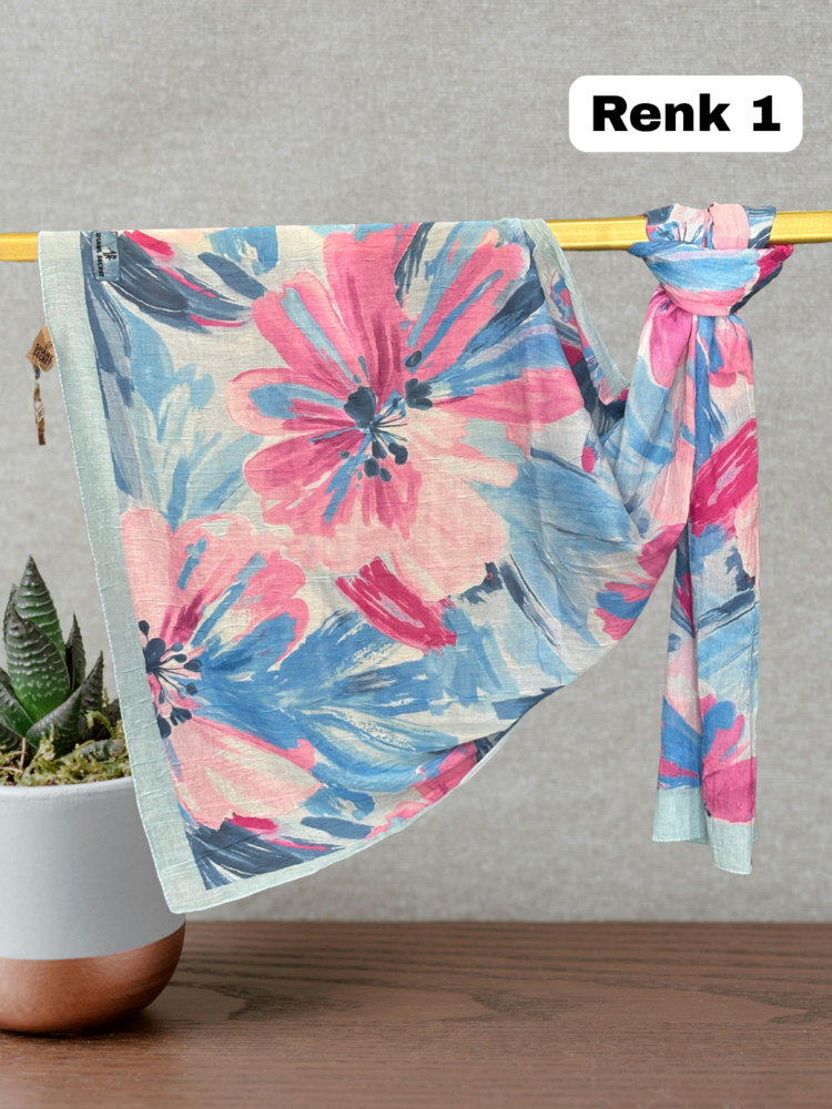 Pastel Çiçek Desen Bambu Kraş Şal (17 RENK) 1088