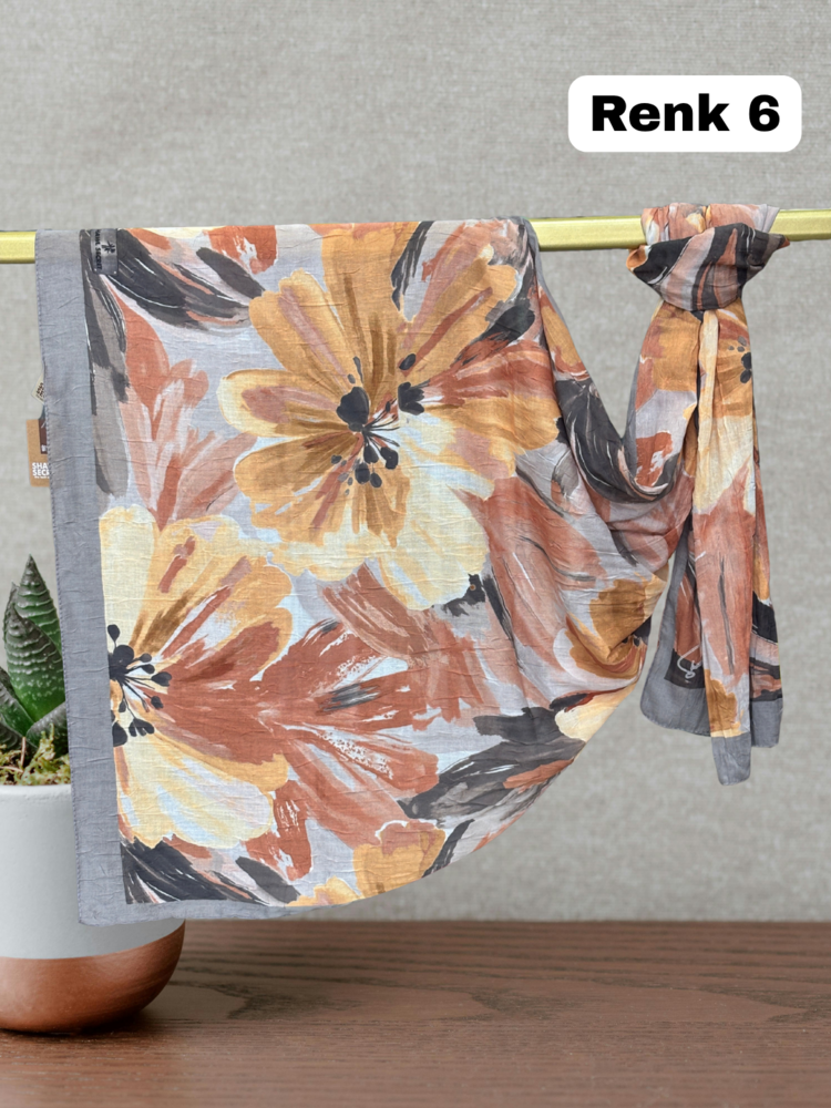 Pastel Çiçek Desen Bambu Kraş Şal (17 RENK) 1088