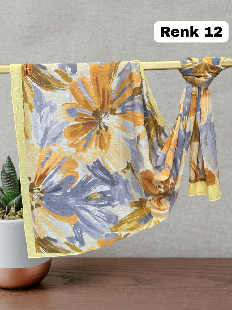 Pastel Çiçek Desen Bambu Kraş Şal (17 RENK) 1088