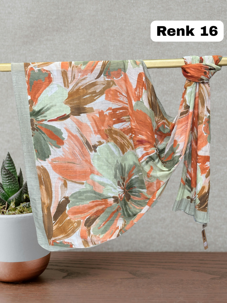 Pastel Çiçek Desen Bambu Kraş Şal (17 RENK) 1088