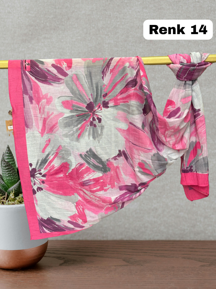 Pastel Çiçek Desen Bambu Kraş Şal (17 RENK) 1088