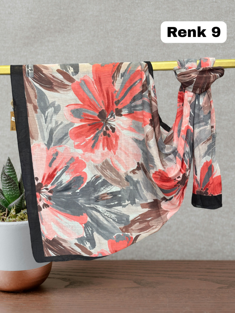 Pastel Çiçek Desen Bambu Kraş Şal (17 RENK) 1088