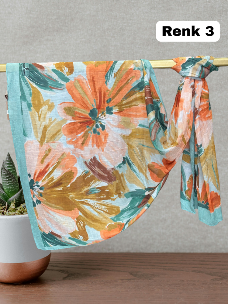 Pastel Çiçek Desen Bambu Kraş Şal (17 RENK) 1088