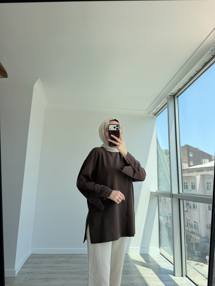 Yırtmaçlı sweat Kahve