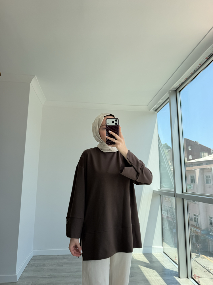 Yırtmaçlı sweat Kahve