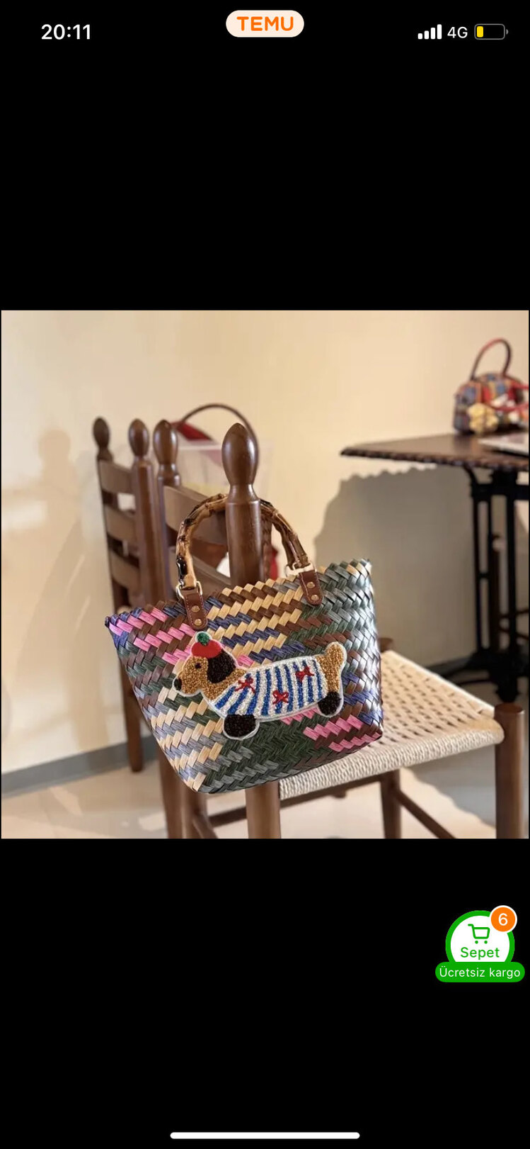 Snoopy Vintage Desenli Dokuma Tote Bambu Çanta