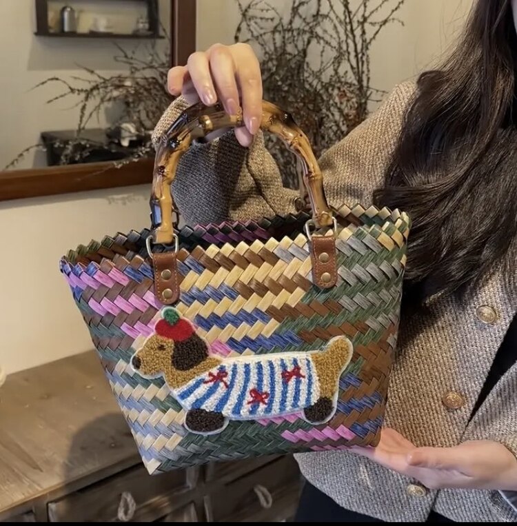 Snoopy Vintage Desenli Dokuma Tote Bambu Çanta