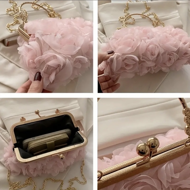 Roselle Pink 3 Boyutlu Gül Detaylı Pembe Çiçekli Tasarım Çanta