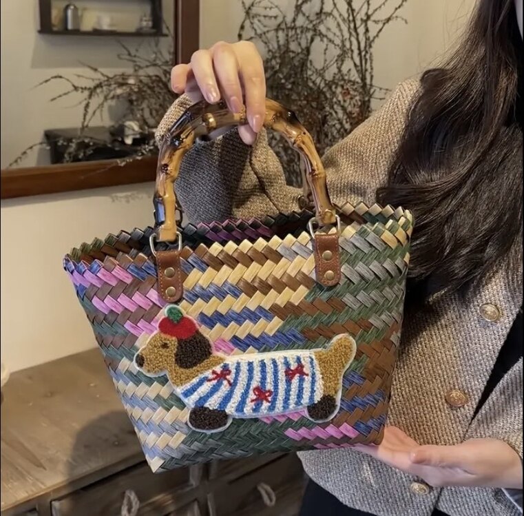 Snoopy Vintage Desenli Dokuma Tote Bambu Çanta