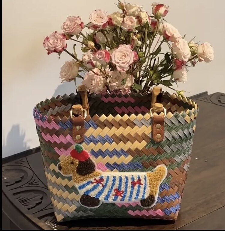 Snoopy Vintage Desenli Dokuma Tote Bambu Çanta