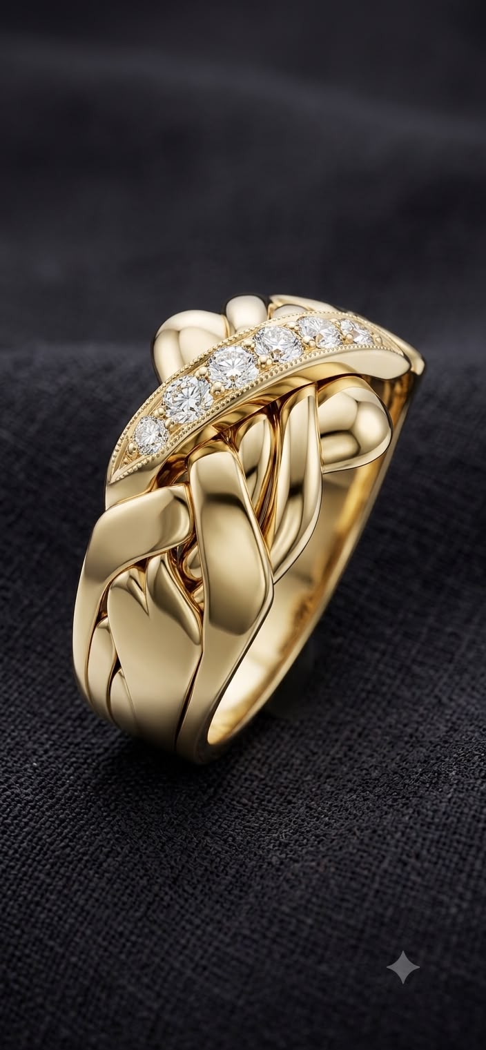 18K yellow gold 5 band DİAMOND puzzle ring  