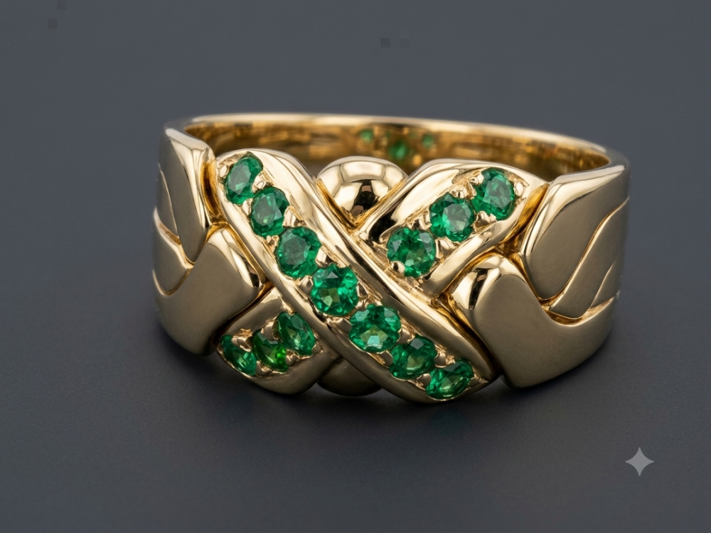 14K yellow gold 4 band EMERALD puzzle ring