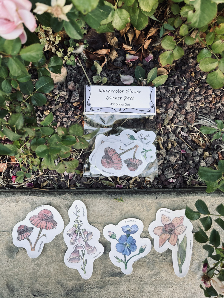 Watercolor Flower Sticker Pack - 4’lü Sticker Seti