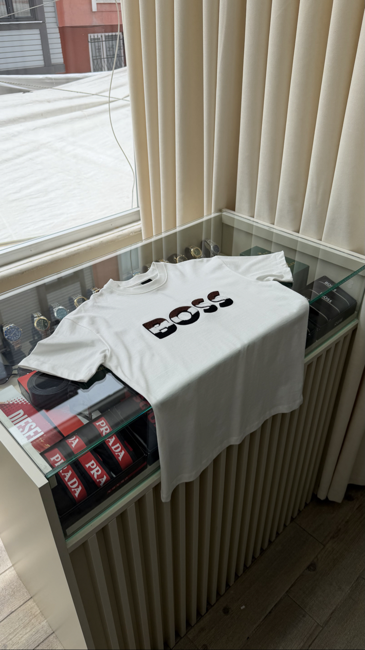 Boss Göğüs Nakış Logo Beyaz T-Shirt