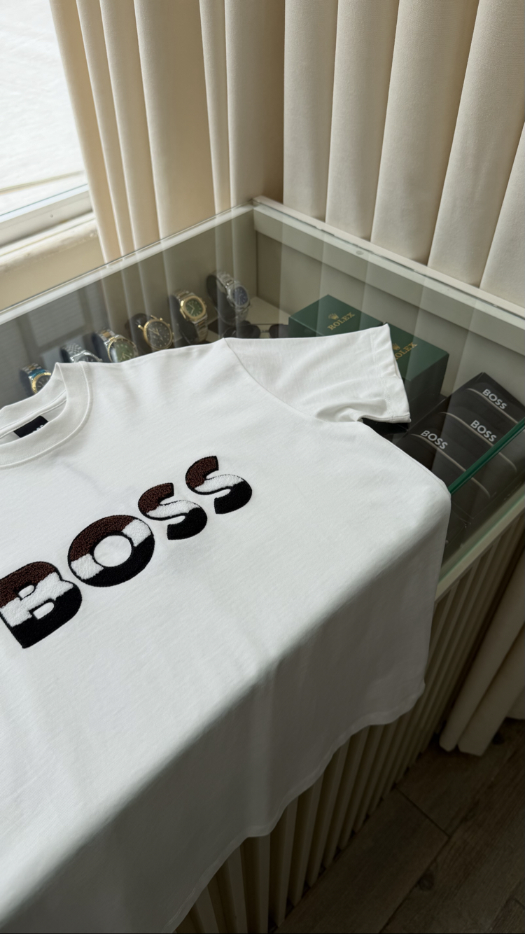 Boss Göğüs Nakış Logo Beyaz T-Shirt
