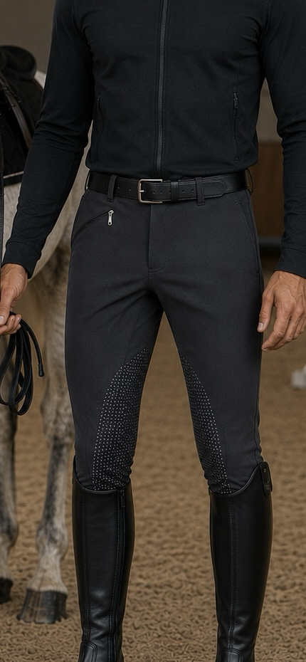 %100 Pamuk Erkek Binicilik Pantolonu – Silikon Diz Tutuşlu Siyah Riding Breeches