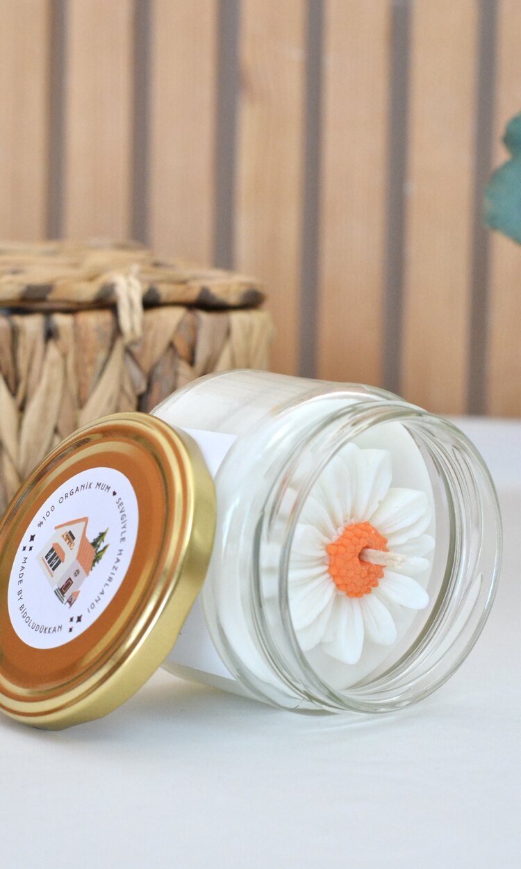 Papatyalı Gizli Mesajlı Soya Mum Büyük Kavanoz (Dekoratif Kibrit Hediyeli)