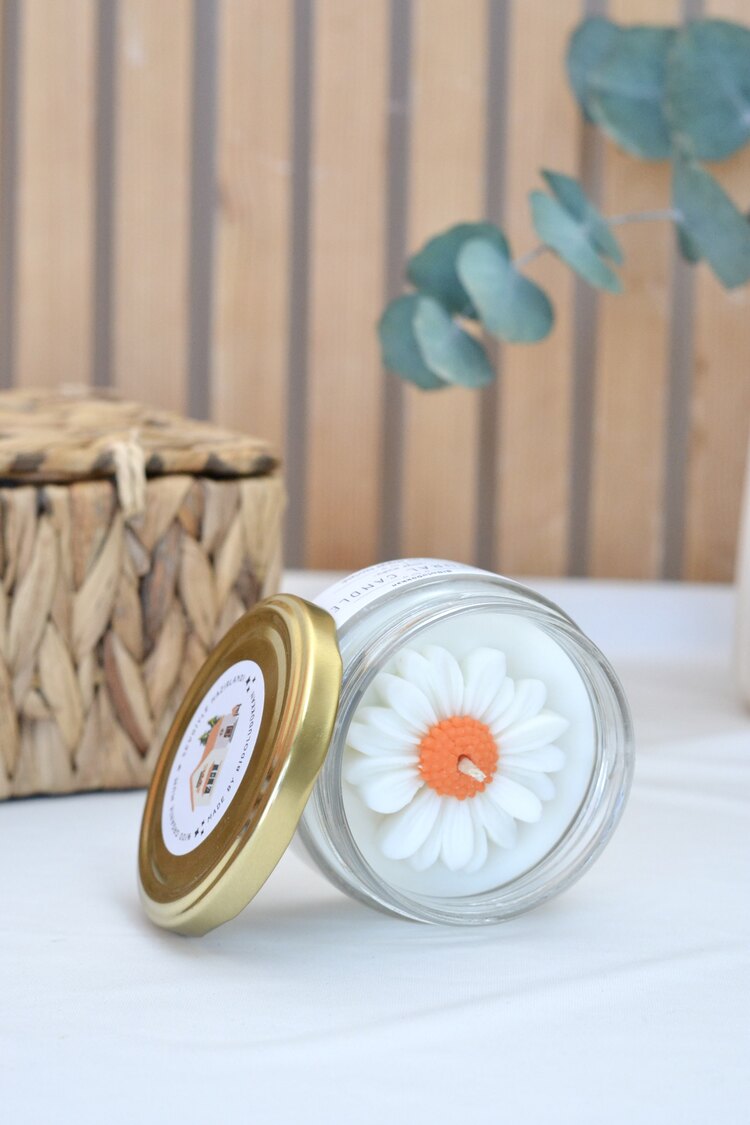 Papatyalı Gizli Mesajlı Soya Mum Küçük Kavanoz (Dekoratif Kibrit Hediyeli)