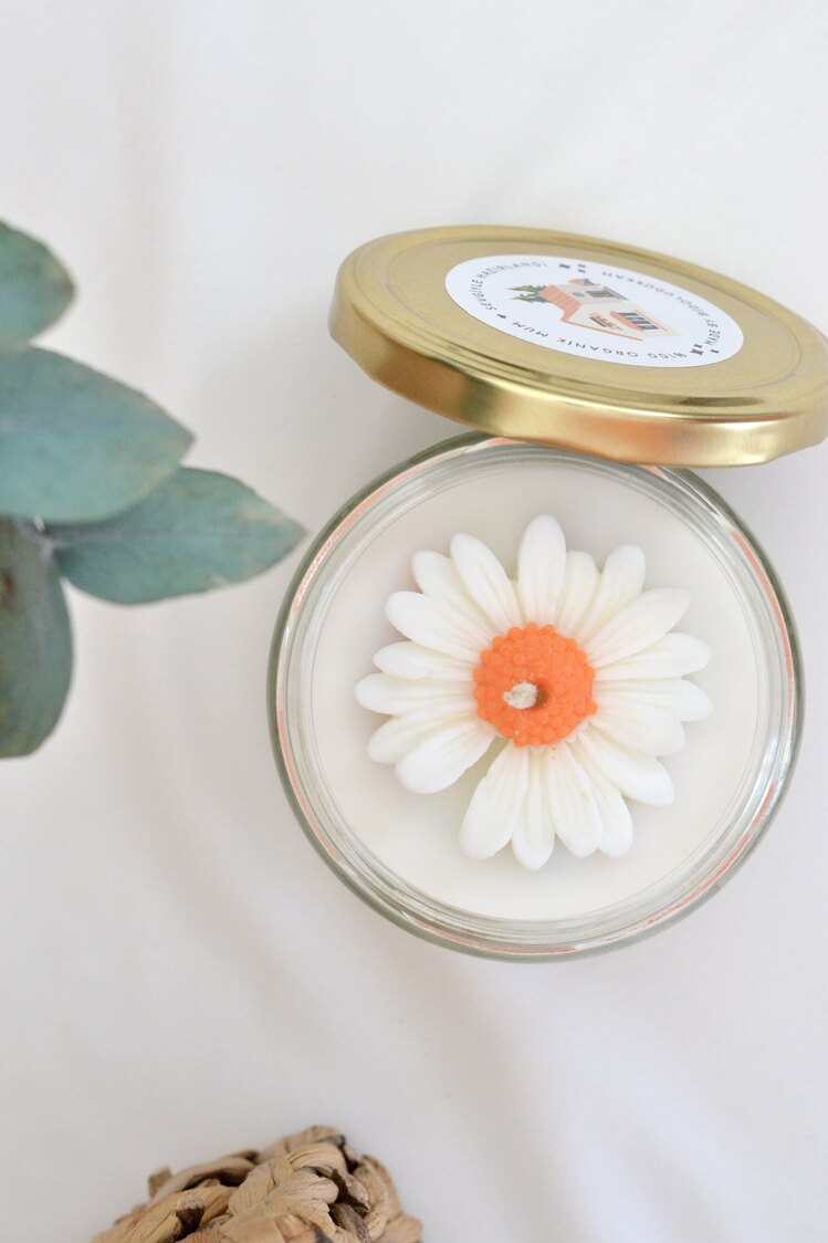 Papatyalı Gizli Mesajlı Soya Mum Küçük Kavanoz (Dekoratif Kibrit Hediyeli)