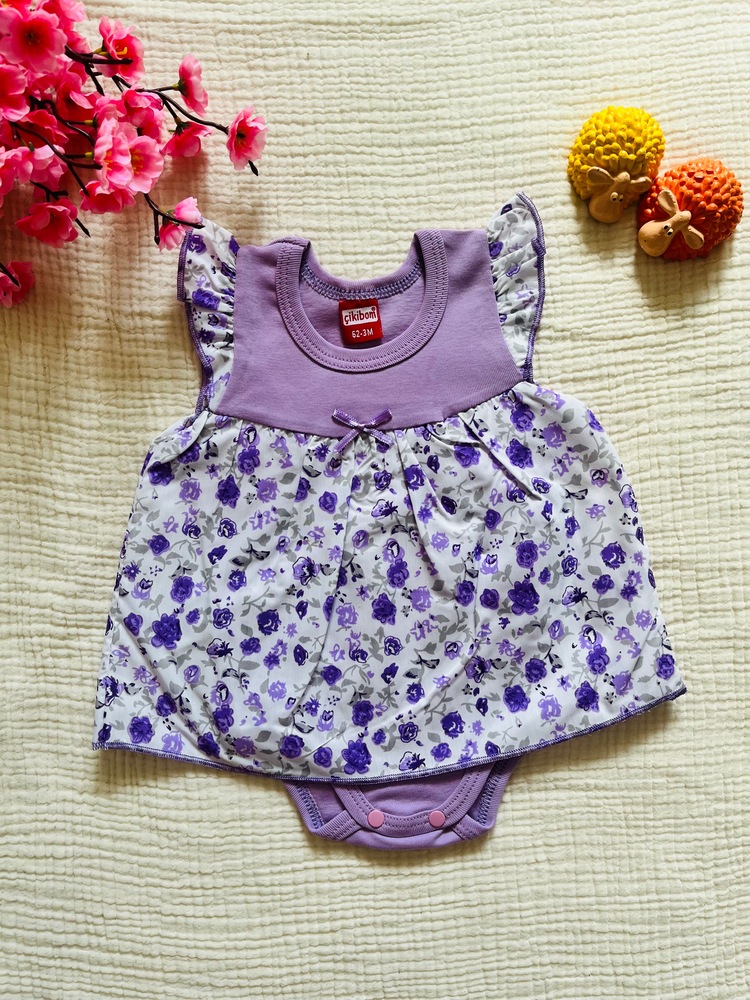 Lila kendinden çıtçıtlı kız bebek elbisesi