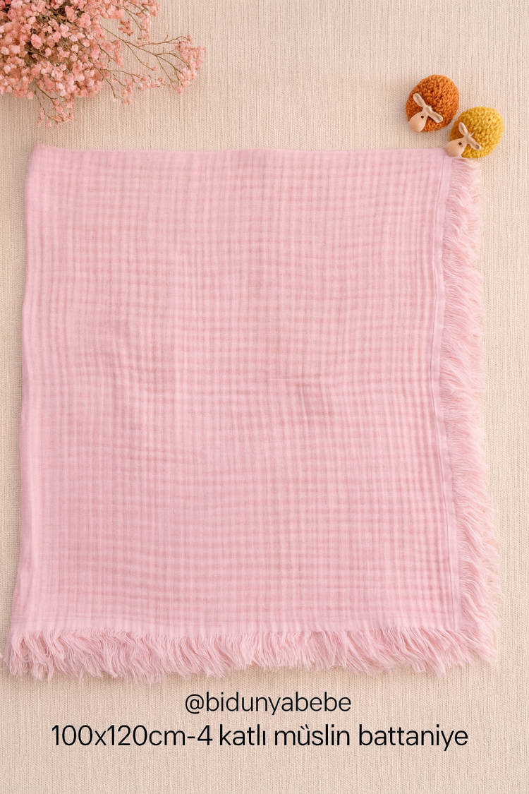 Pembe 4 kat müslin battaniye