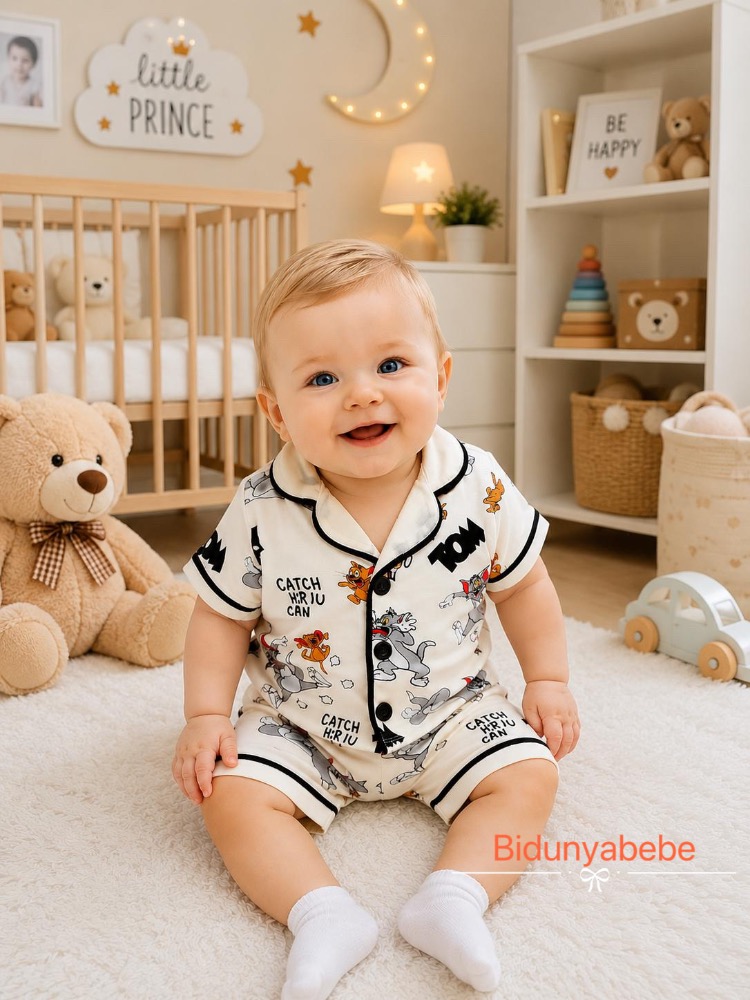 Tom ve Jerry baskılı alt üst bebek pijama takımı