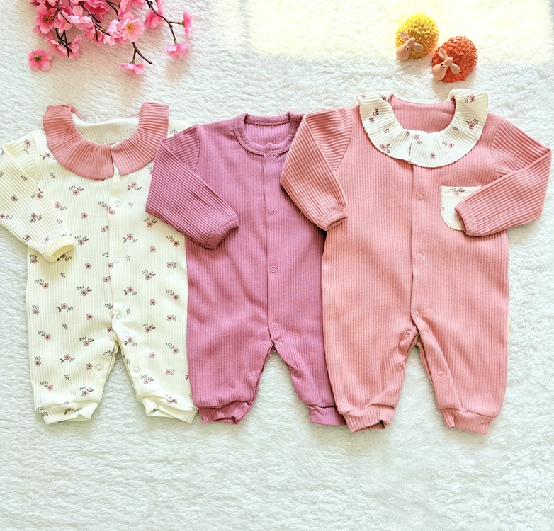 3lü ahududu desenli bebek tulum set 