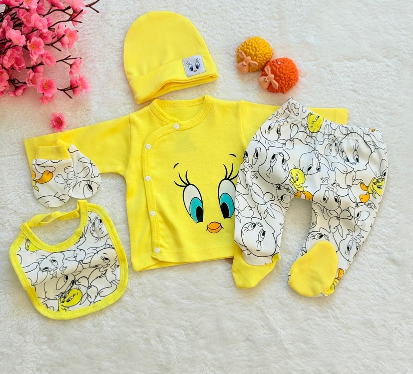 Twetty desenli organik premium yenidoğan hastane çıkışı bebek takımı