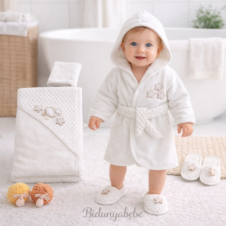 Kuzucuk desenli bebek bornoz set-0-1 yaş -%100 pamuklu