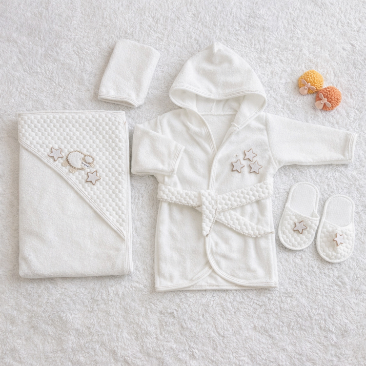 Kuzucuk desenli bebek bornoz set-0-1 yaş -%100 pamuklu
