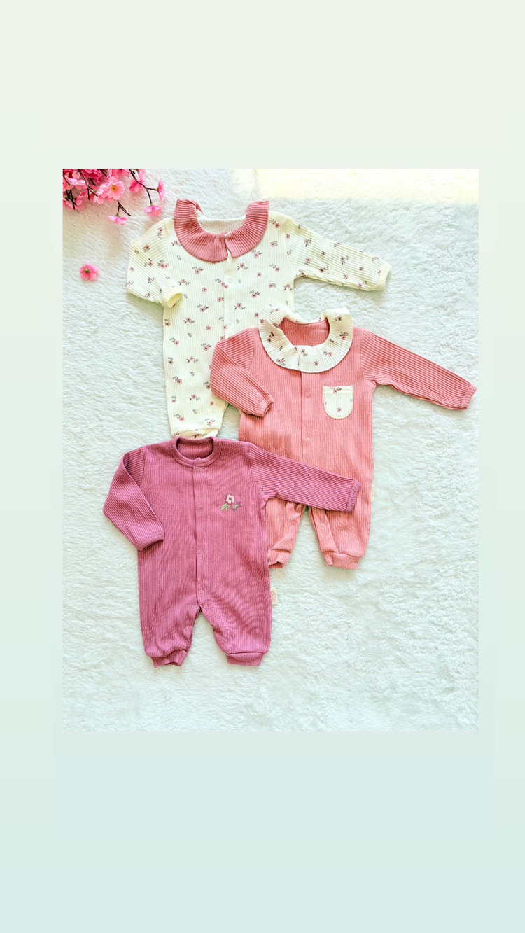 3lü ahududu desenli bebek tulum set 
