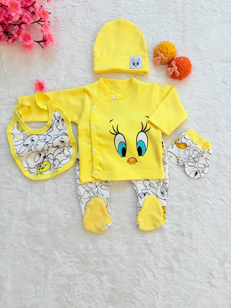 Twetty desenli organik premium yenidoğan hastane çıkışı bebek takımı