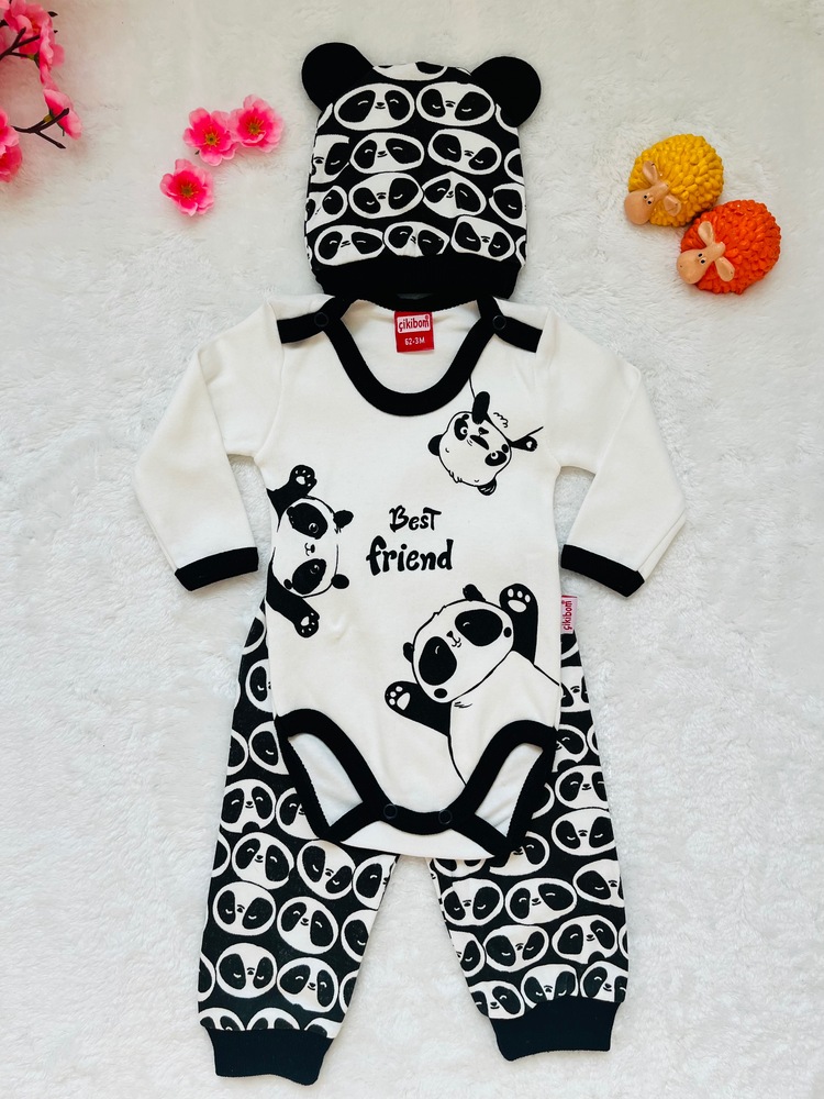 Siyah beyaz Pandalı 3lü erkek bebek takımı