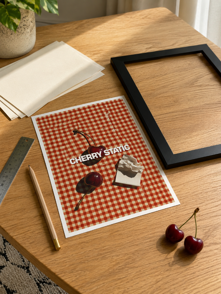 CHERRY STATIC – Retro Kiraz ve Dama Desenli Poster