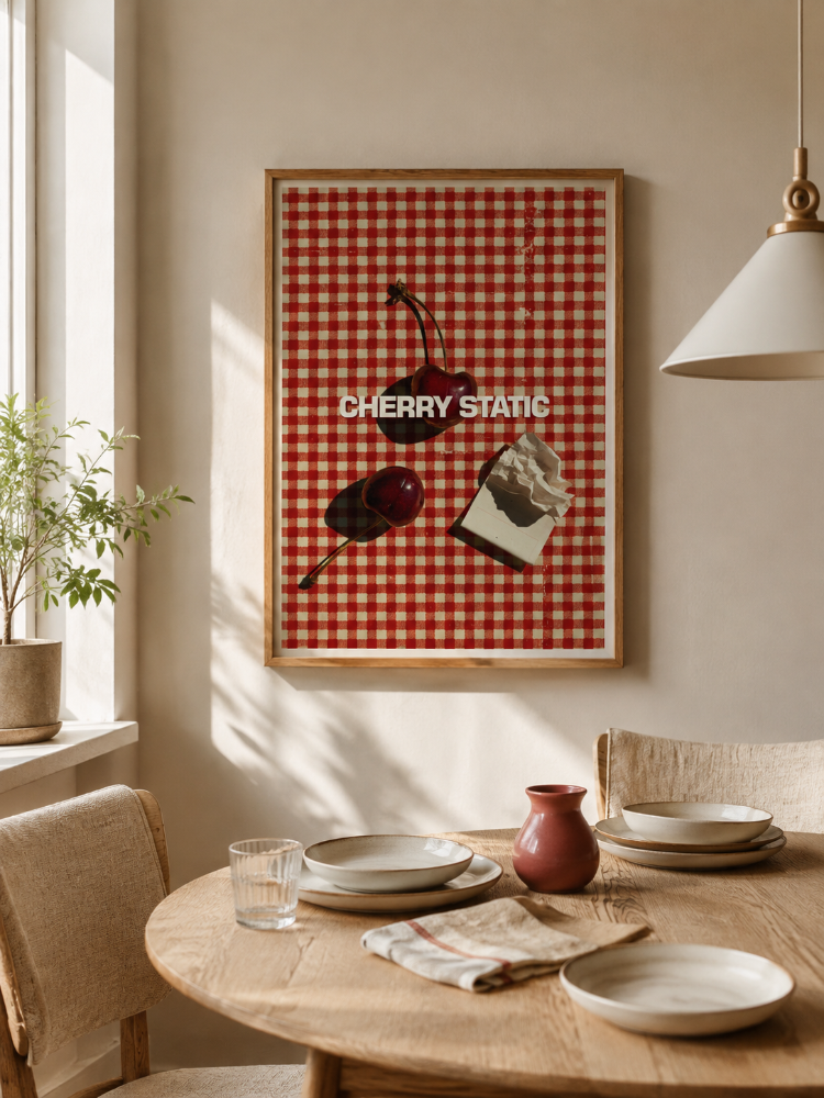 CHERRY STATIC – Retro Kiraz ve Dama Desenli Poster