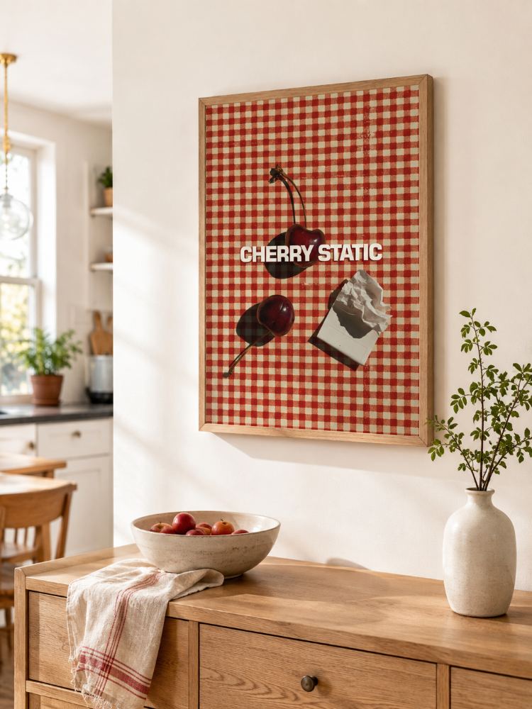 CHERRY STATIC – Retro Kiraz ve Dama Desenli Poster